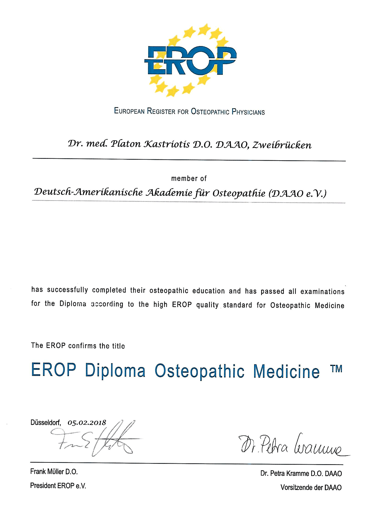 EROP Diplom der Osteopathie von Dr. med. Platon Kastriotis