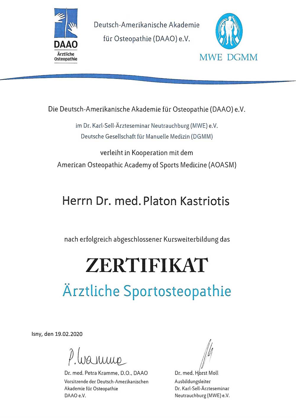 Verleihung des Zertifikats Sportosteopathie der DAAO
